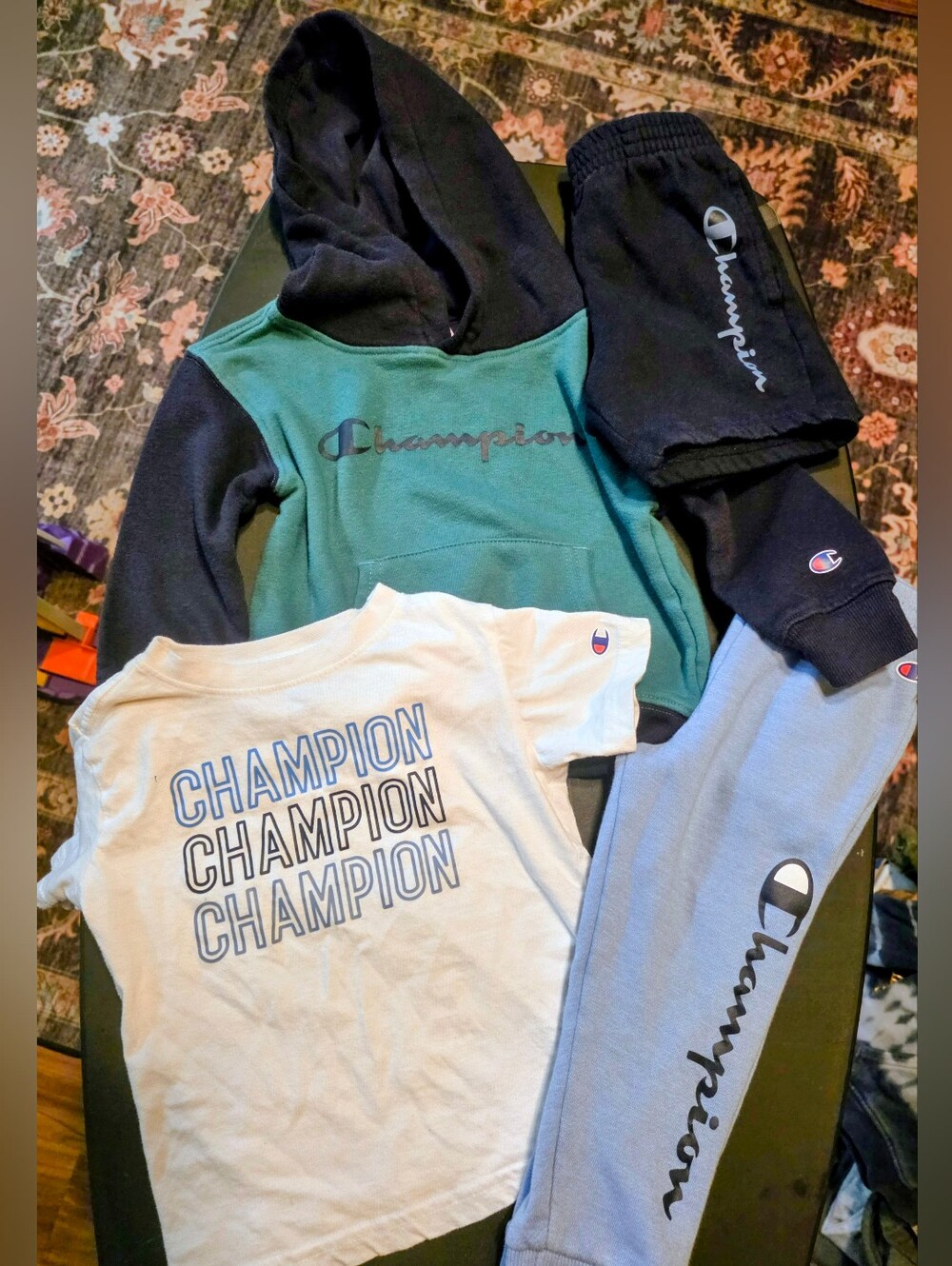 Champion Kids 4-Piece Hoodie, Tee, Short & Joggers Set - Green/Black/White/Blue